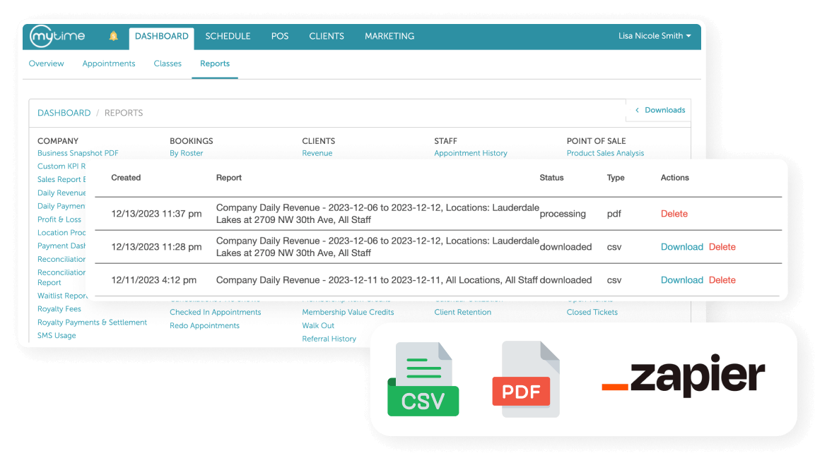 xuất dữ liệu dưới dạng CSV hoặc PDF, hoặc kết nối với Zapier.