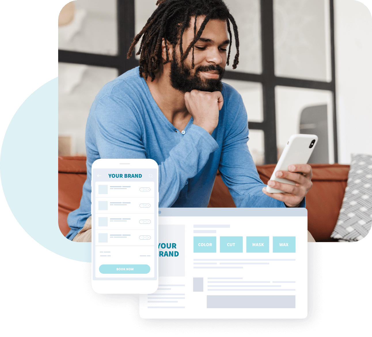 image 1 man holding phone, booking through mytime's custom-branded booking widget