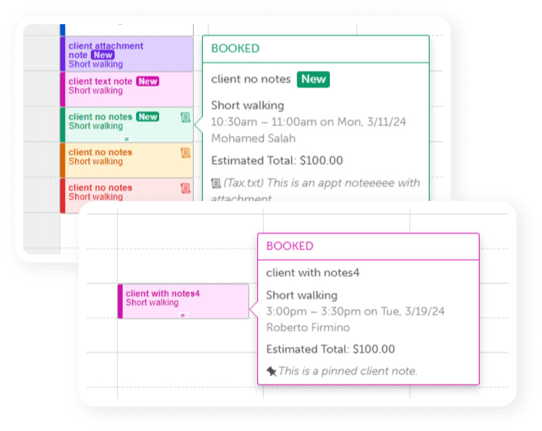 calendar view of booked appointments with embedded client notes