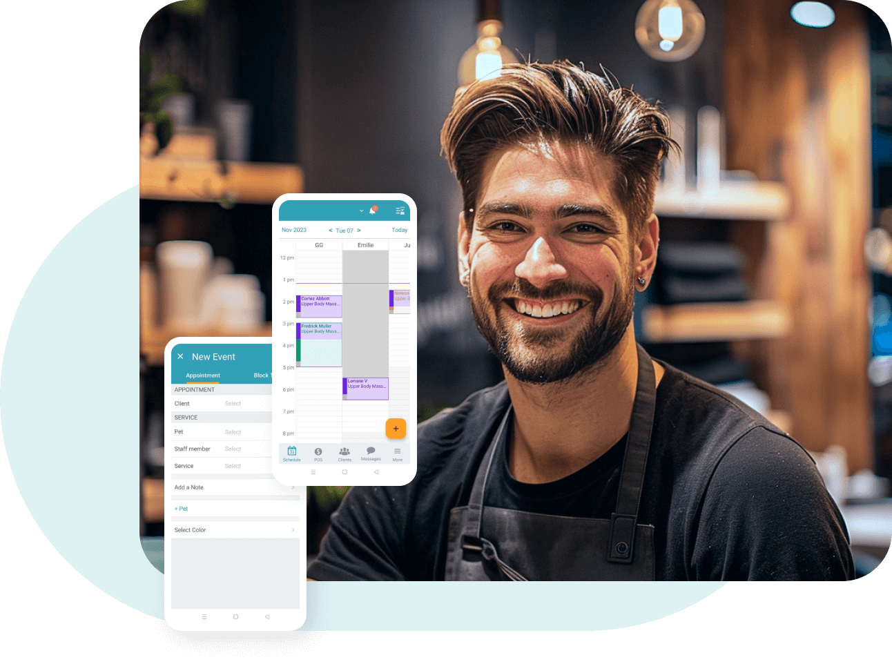 scheduling_image 1 man smiling, myTime software showing schedule management