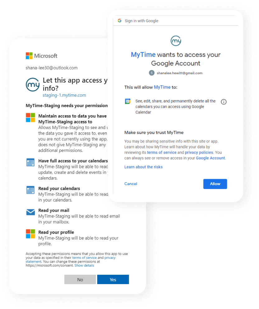 MyTime wants to access your Google account