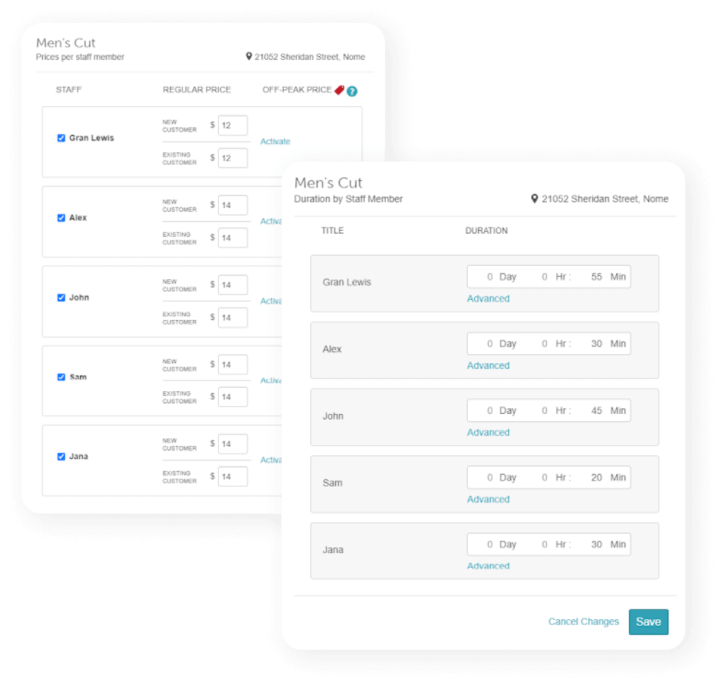 set pricing and duration by staff member