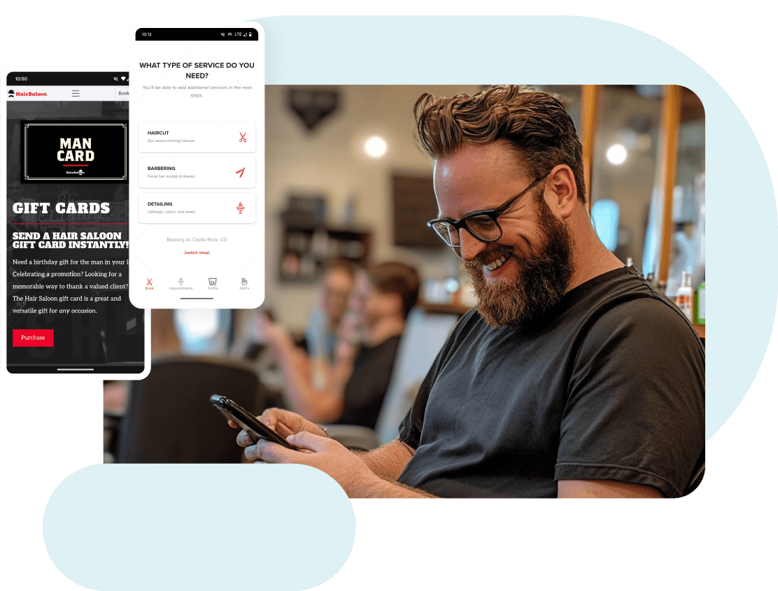 001 man using barbershop branded guest mobile app