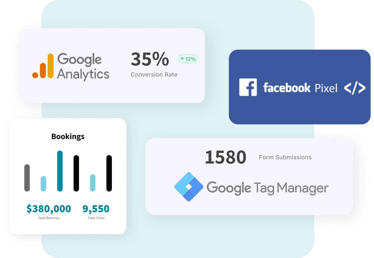 marketing-hub-003 Google Analytics, Google Tag Manager, Facebook pixel, and Booking statistics