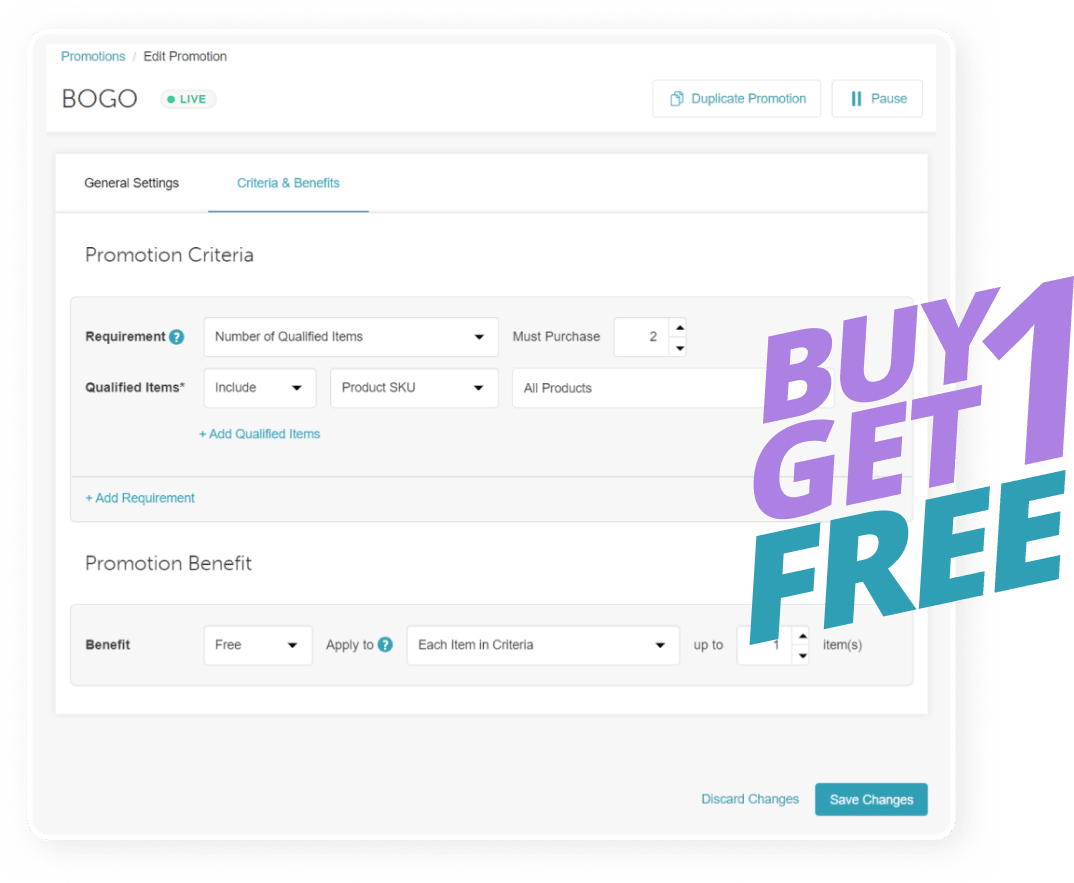MyTime UI showing buy one get one free promotion edit screen
