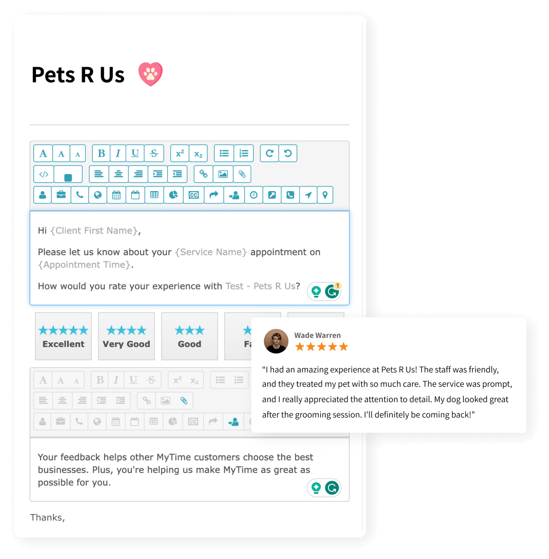 UI showing message template asking customer to leave a review