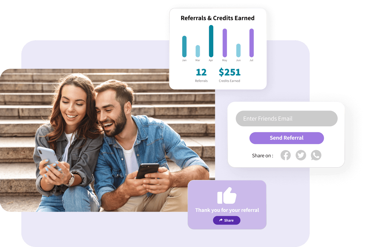 client-referral-03 Referrals and credits earned overlayed two smiling adults using mobile phones