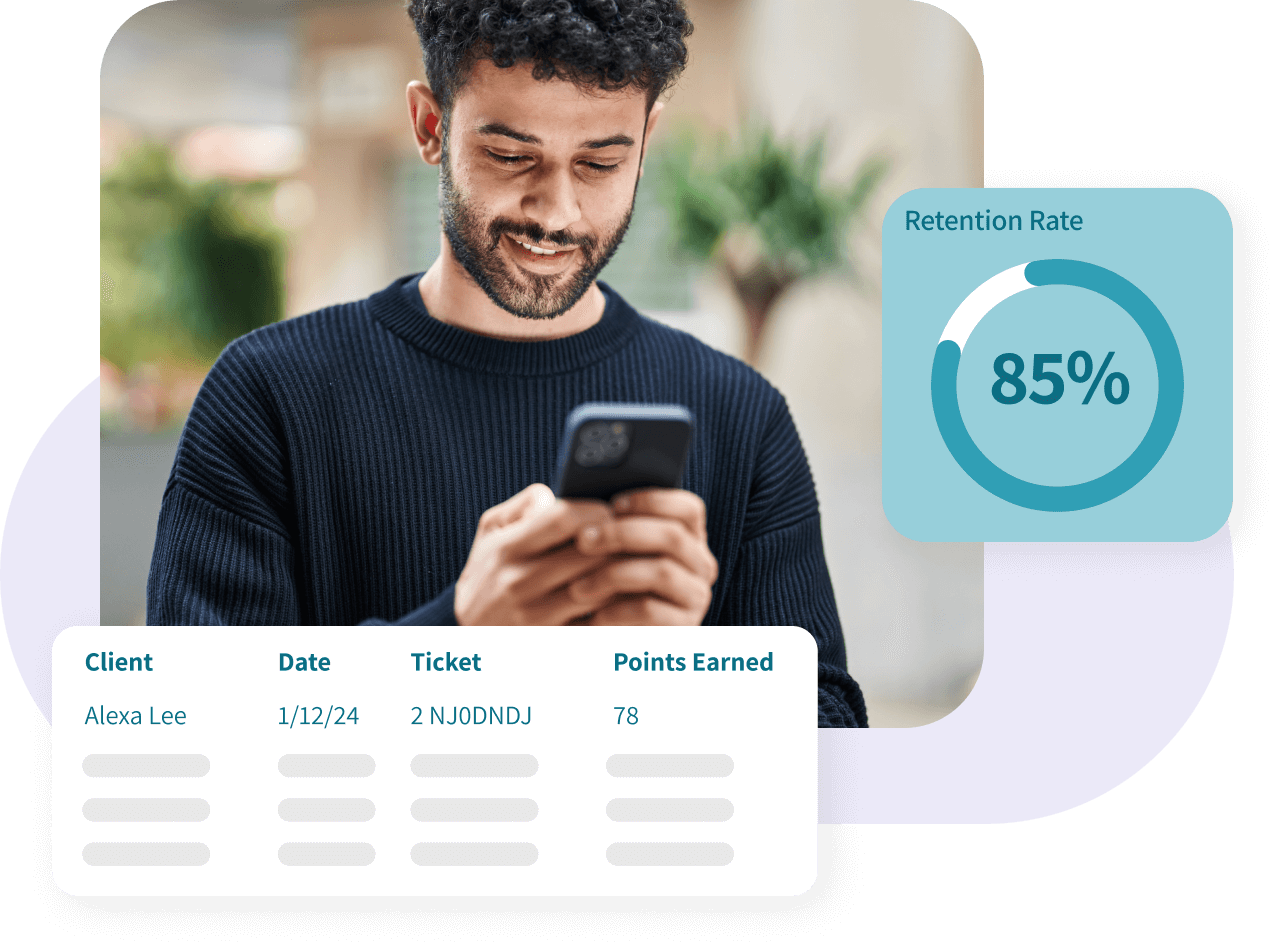 loyalty-002 Man looking at phone with Retention rate overlay
