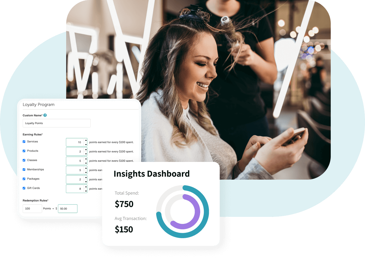 loyalty-003 Woman looking at phone while getting hair done with loyalty program overlay