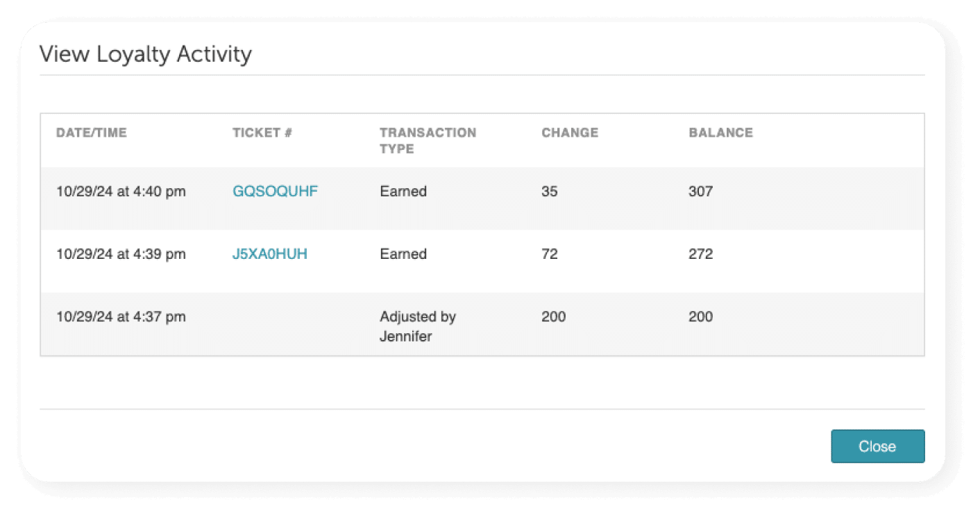 View Loyalty Activity user interface