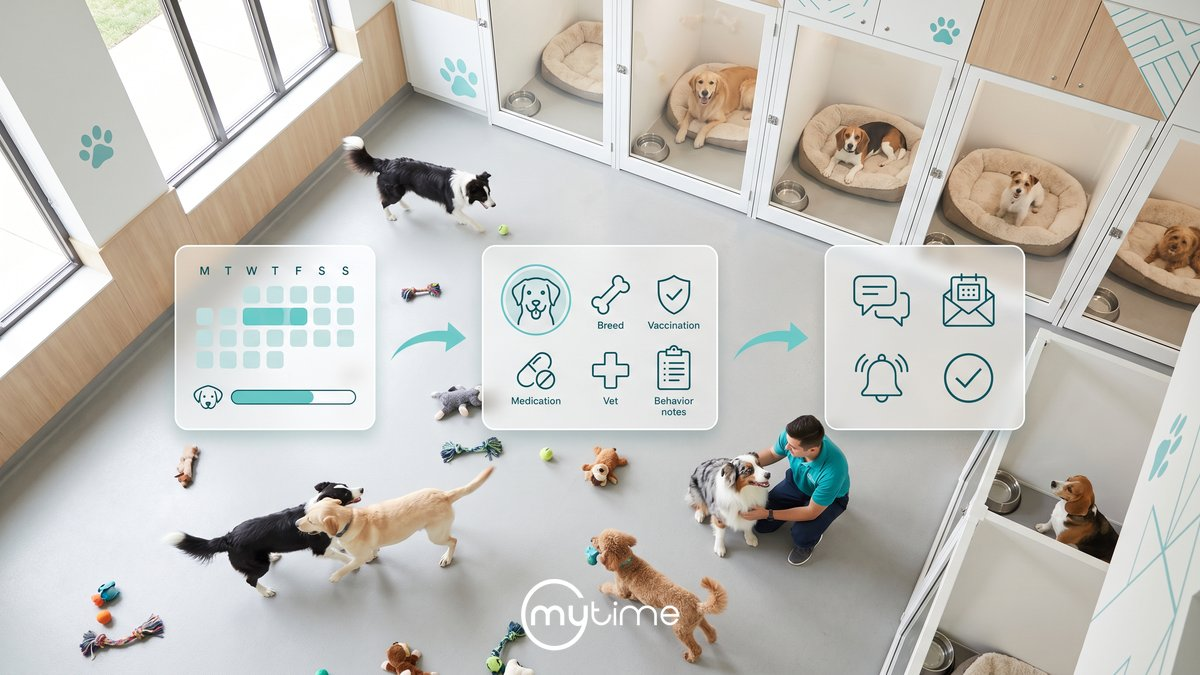 Pet boarding online booking software showing multi-day scheduling with capacity management, dog profiles with vaccination and behavior records, and automated client communication overlaid on a modern boarding facility with individual suites and open play area
