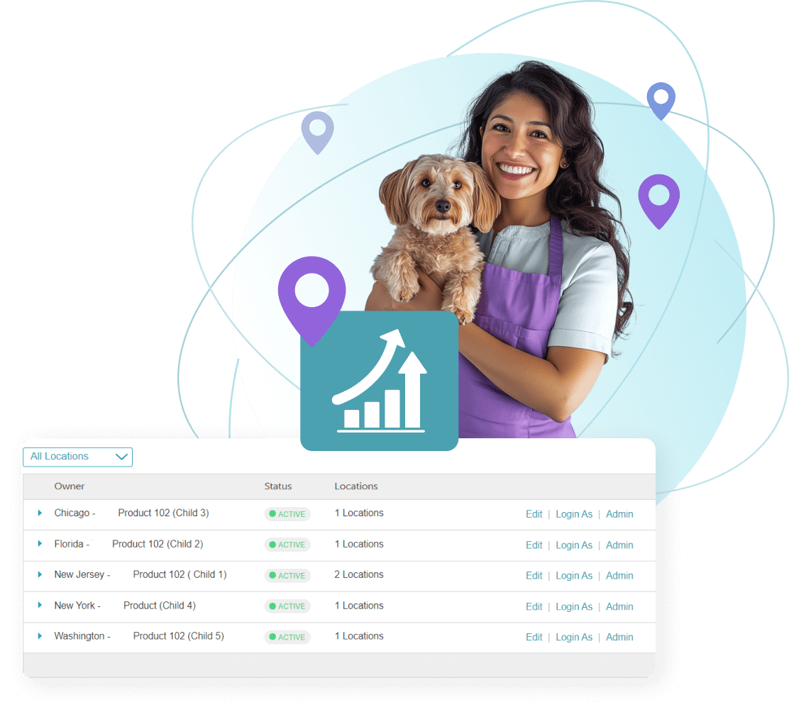 Mujer sosteniendo un perro con la interfaz de ubicación de myTime superpuesta