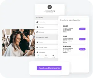 Women looking at phone and viewing membership options while at a salon