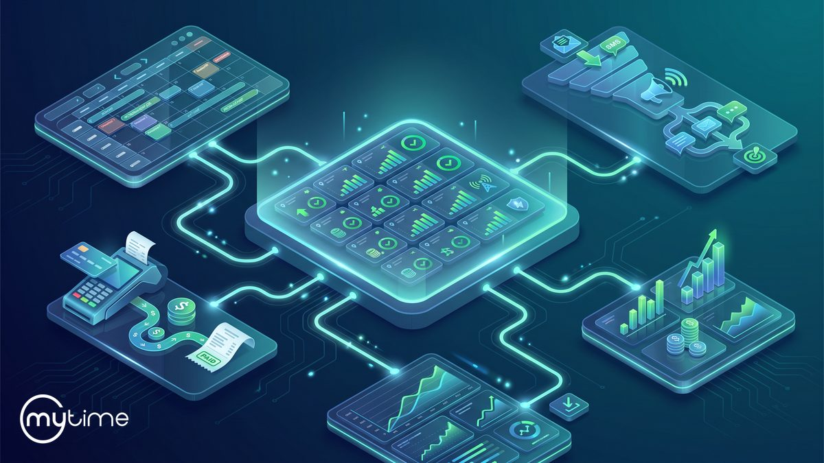 Isometric illustration of franchise management software showing a central dashboard connected to scheduling, POS, marketing automation, and analytics modules for multi-location service businesses