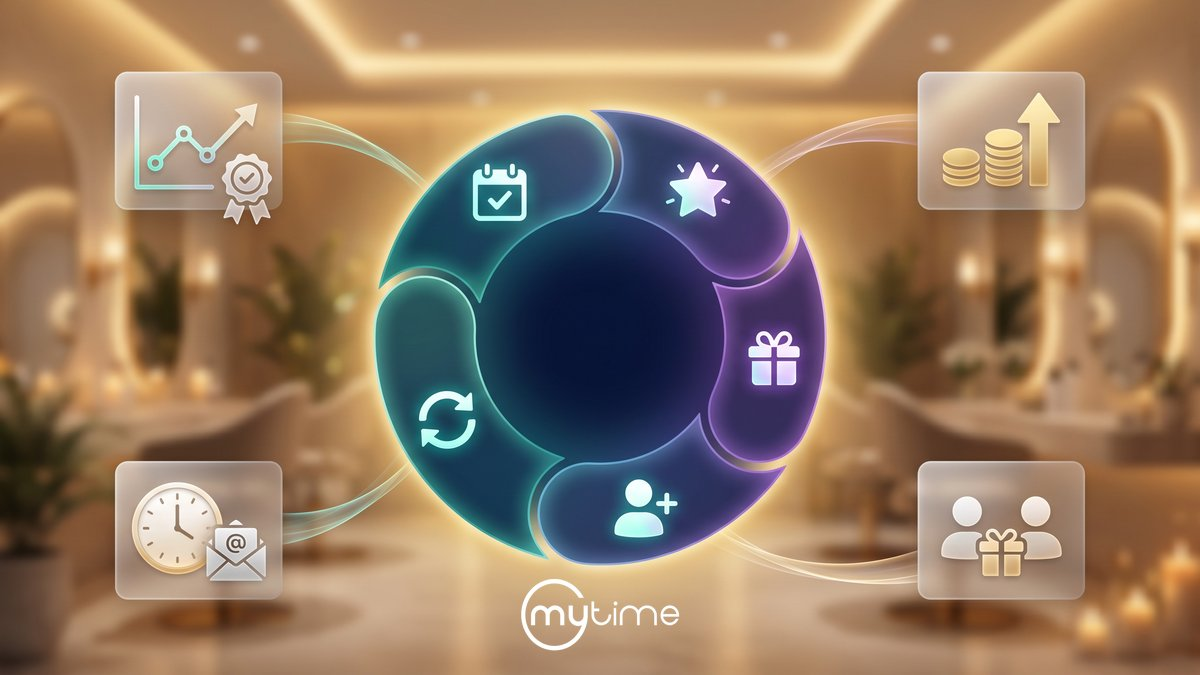 Circular retention lifecycle diagram illustrating customer retention strategies for service brands, with icons for visits, rewards, referrals, and win-back automation.