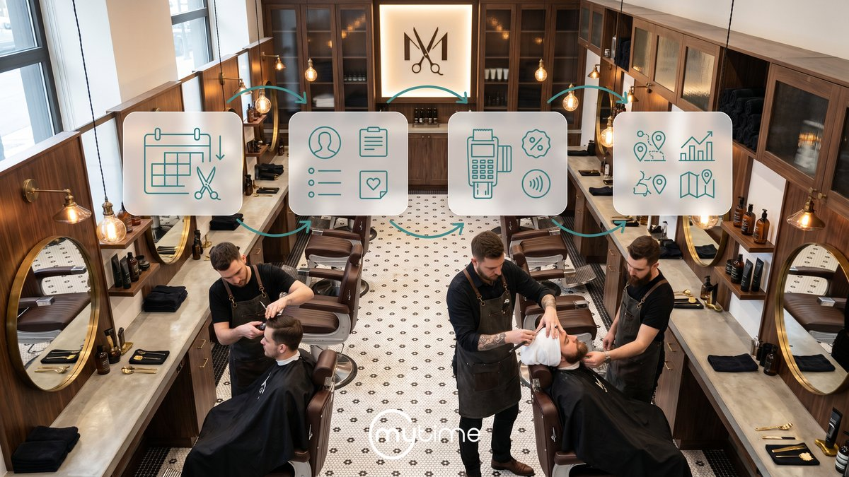 Barbershop chain and franchise software platform showing appointment booking, client records, POS and tip management, and multi-location analytics overlaid on a premium multi-station barbershop interior