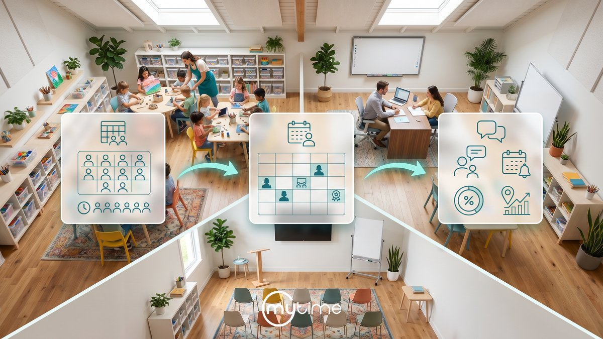 Class scheduling software for learning and enrichment franchises showing class capacity management, instructor scheduling, and parent communication workflows overlaid on a modern enrichment center with group classes, tutoring, and classroom spaces