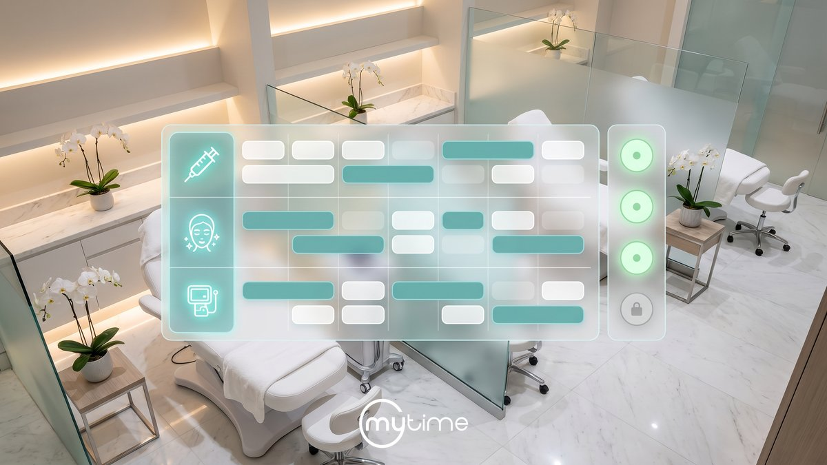 Med spa staff scheduling software showing injector, aesthetician, and device specialist calendar rows with appointment blocks and treatment room availability — MyTime for multi-location med spa chains