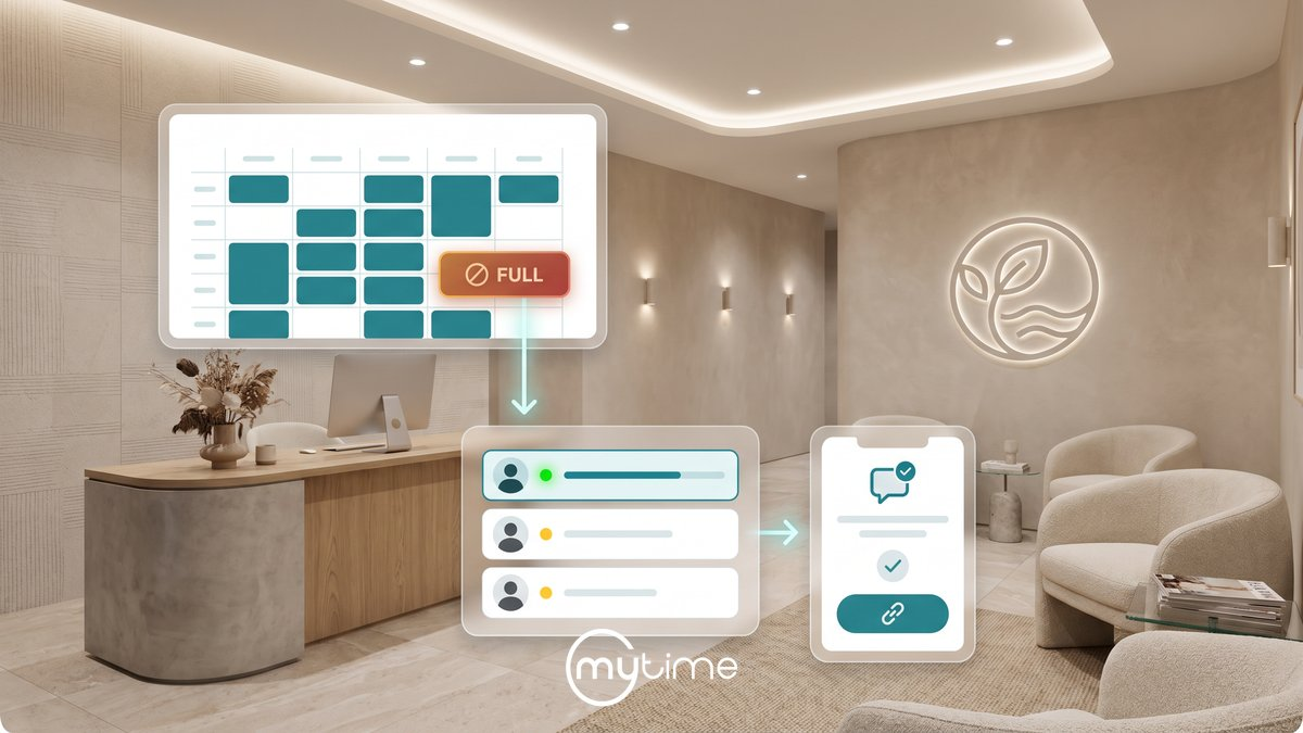 Appointment scheduling software showing a fully booked calendar, client waitlist queue with status indicators, and automated booking notification — MyTime waitlist management for franchise and multi-location service brands