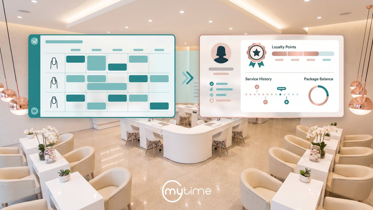 Nail salon franchise scheduling software showing technician appointment calendar and global client profile with loyalty points, service history, and package balance — MyTime for nail salon chains and franchises