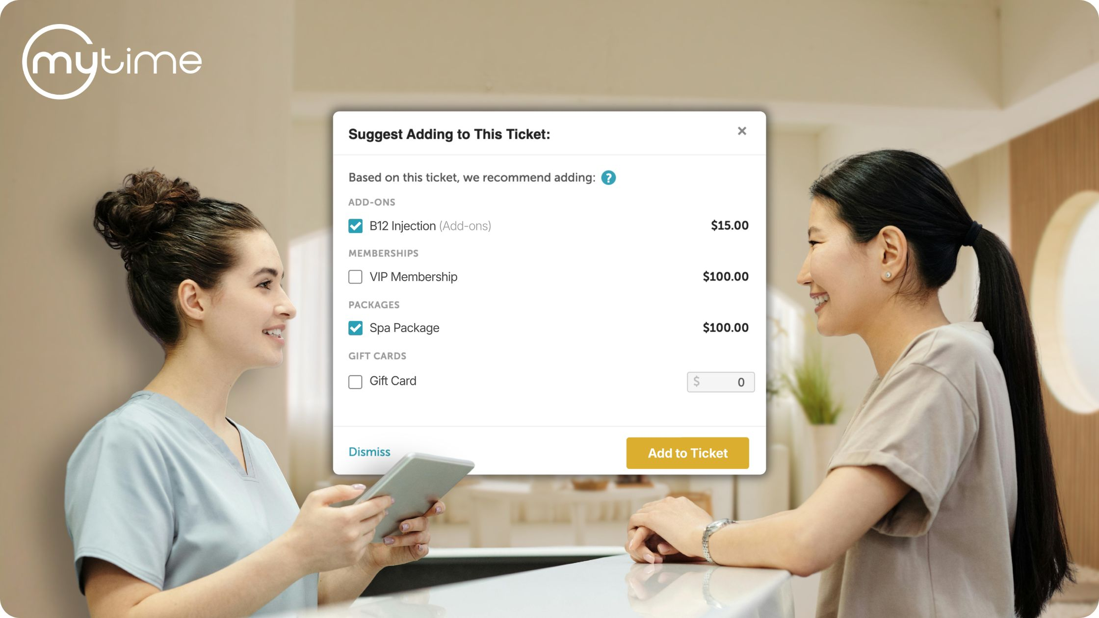 MyTime automated add-on recommendations at checkout for a med spa appointment