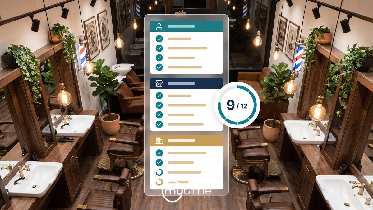 Franchise barbershop operating system checklist showing three tiers — guest experience, shop operations, and corporate control — with a 9 out of 12 score gauge, overlaid on a modern barbershop interior — MyTime franchise software for multi-location barbershop chains