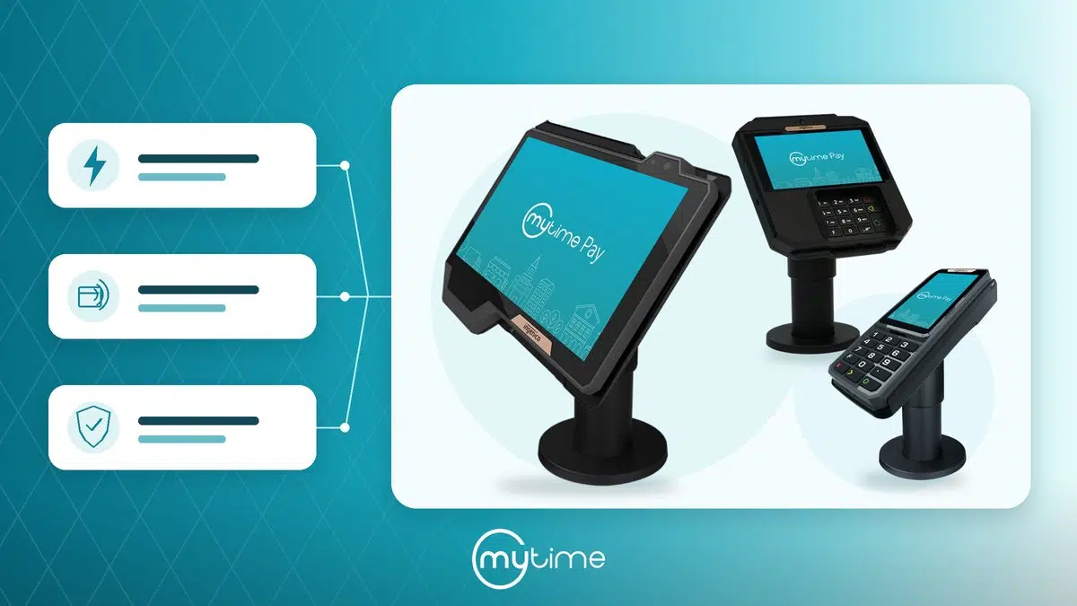 Ingenico AXIUM RX9000, RX7000, and RX5000 terminals with MyTime Pay, linked to speed, contactless payment, and security icons.